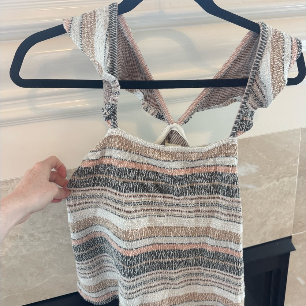 Madewell White and Gray Sleeveless Ruffled Tank Top